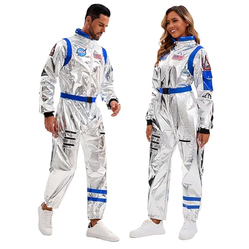 Velcoxplay Damen Astronaut Kostüm Weltraum Raumfahrer Astronauten-Anzug Spaceman Overall Outfit Silber und Blau L