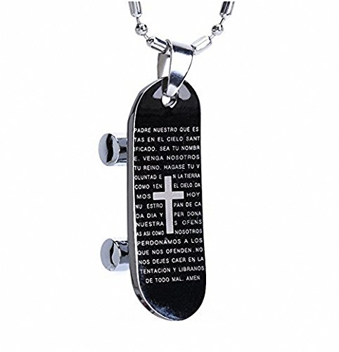 megko Men s Stainless Steel Pendant Necklace Black Bible Lords Prayer Cross Skateboard Vintage