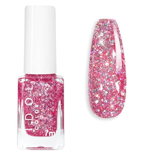 Glitter Nail Polish - Pink Nail Polish - Shimmering Sparkly Pink Nail Varnish - Quick-Drying Holographic Nail Paint High Glossy Long-lasting Sequins Nail Art Varnish No Need Cure