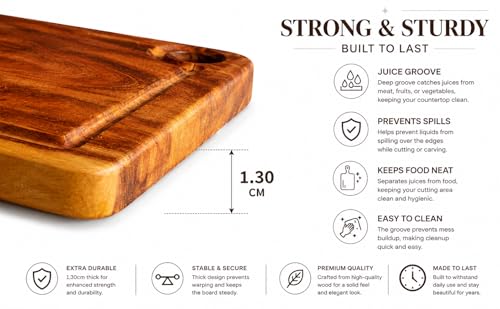 Image of Pure Neem Wood Chopping Board | Natural Anti-Bacterial Wooden Cutting Board for Kitchen | Knife Friendly, Durable & Eco-Friendly Board for Vegetables (Juice Groove Solid Chopping Board)