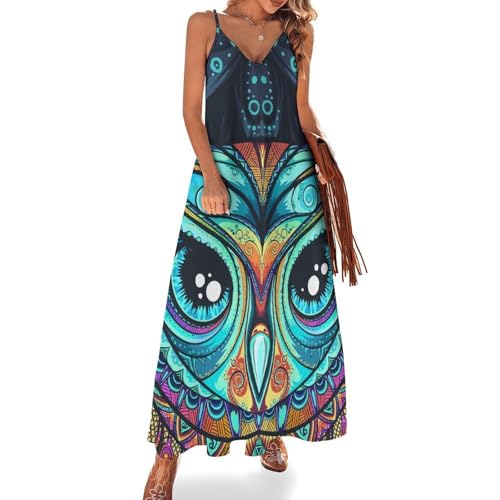 Robe longue pour femme ete sans manches au motif chouette dessin anime