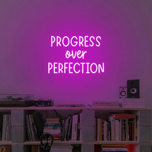 Image of Progress Over Perfection Neon Sign Dimmable Classroom Positive Led Light Up Sign Inspirational Letters Neon Light for Classroom Bedroom Library Study Room