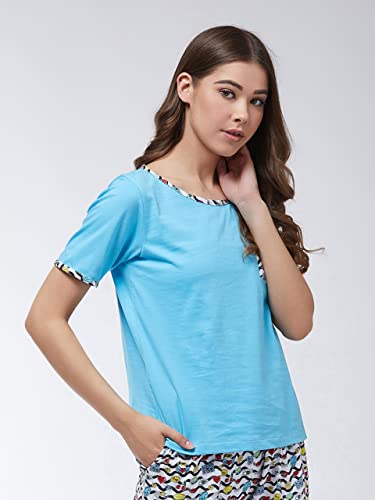 Image of Miss Chase Women's Blue Round Neck Short Sleeves Printed Regular Length T-Shirt
