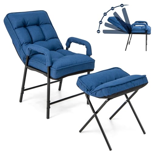 COSTWAY Silla Moderna con Otomana, Sillón de Tela de Lino con Respaldo Ajustable y Marco de Metal Sólido, Juego de Sillón Individual y Reposapiés Tapizados para Dormitorio, Sala de Estar (Azul)