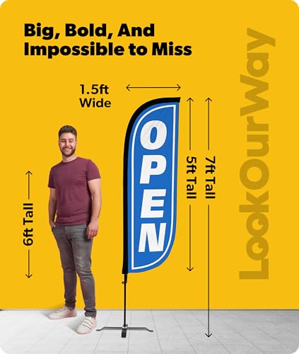 Image of LookOurWay Feather Flag Set - 5ft Tall Advertising Banner Flag with Pole Kit and X-Stand for Business Promotion - Open, Blue /White