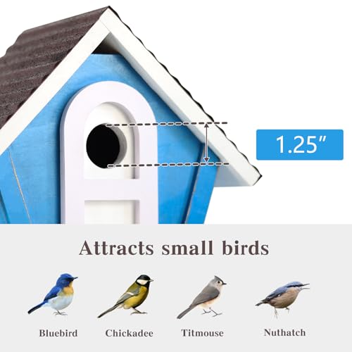 Cottage Bird House for Outside - Water Proof Cabin Birdhouse for Outdoor - Wren House for Outdoor - Weather Proof Squirrel Proof Metal Roof Protected - Easy Cleaning Wall Mountable (Blue White)