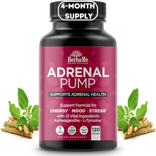 HerbaMe Cortisol Manager Supplement, Adrenal Support Health with Ashwagandha & L-Tyrosine, 120 Capsules, Helps Maintain Healthy Energy Levels and Stress Relief, Balance Mood, Fatigue Reducer Pills