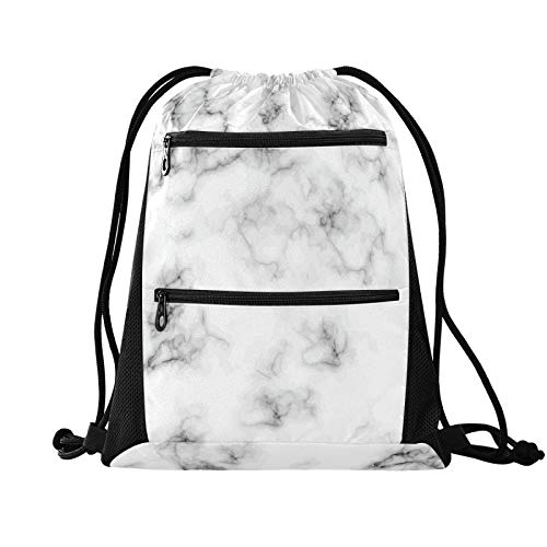 Qilmy Drawstring Bags Backpack with Pockets Gym String Bag Cinch Bag Lightweight Sackpack for Men Women Outdoor Sports, Marble White & Grey