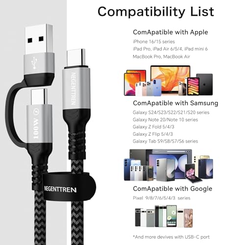 NEGENTTREN 2 in 1 USB C to C Cable 100W (6FT, 2Pack), 5A Fast Charging Type A to C Charger Cord Nylon Braided USB C Cable for iPhone 16 Max Series, MacBook Pro, iPad (100W Cable) - image 6