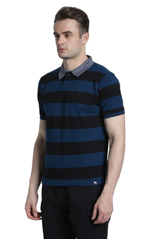 Image of Dennis Lingo Men's Cotton Grey Stripes Regular Fit Button-Down Half Sleeve Polo Tshirt