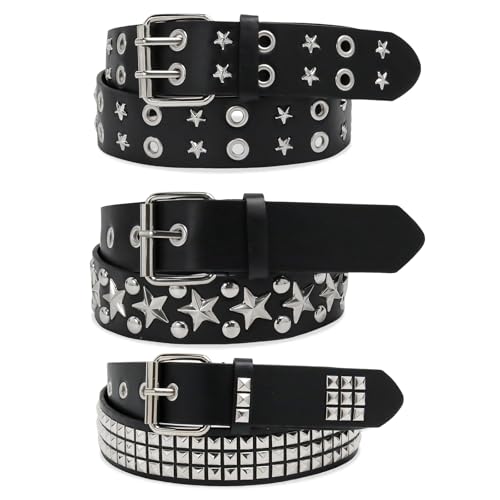 3 Pcs Black Studded Belt Y2K Belt Star Gothic Punk Rock Belts with Grommet Threads Bright Metal Pyramid for Women Men