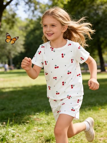 Image of KIDLAGA Girls Two Piece Sets Cherry Pattern Short Sleeve Shirts and Shorts Set With Pockets Girls Summer Outfits Size 7-14