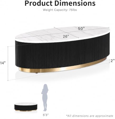 Image of Luxury Oval Black Coffee Table with Nano Composite Marble-Look Top & Gold Base, Waterproof Plywood, Contemporary Center Table with Ribbed Fluted Design for Living Room & Home Decor