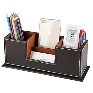 KINGFOM™ Desktop Leather Storage Box 4 Divided Compartments for Pen/Business Card/Remote Control/Mobile Phone/Office Supplies Holder Collection Marrone