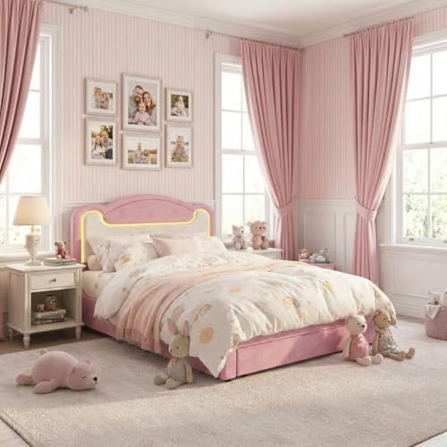 Garvee Full Size Upholstered Bed Frame with LED Lights & Storage Drawers, Fabric Headboard & Wood Slats, No Box Spring Needed, Princess Bed for Girls (Pink White) Led Pink & White (With Draw