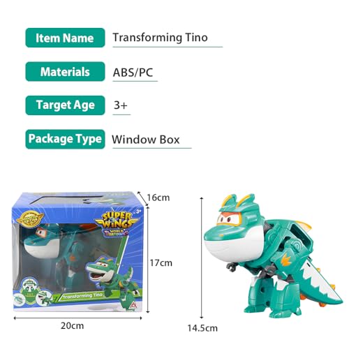 Super Wings Tino Dinosaur 5’ Transforming Character Easy Transformation Preschool Kids Gift Toys for 3+ Year Old Boy Girl, Green