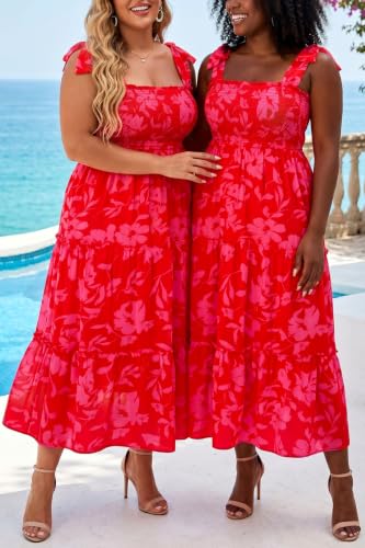 Image of Plus Size Summer Dress - Sun Boho Beach Casual Floral Tiered Smocked Long Maxi Dresses
