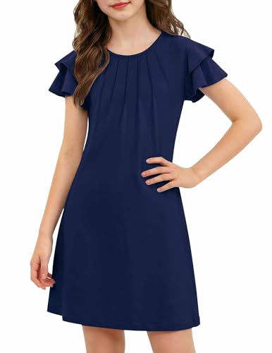 Arshiner Tween Girls Navy Blue Dress Summer School Casual Flutter Short Sleeve A Line Dresses for 9-10 Years