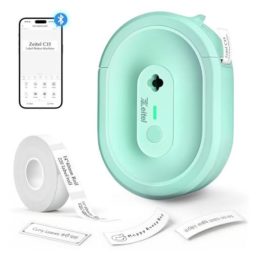 Image of ZEITEL Portable Mini Label Printer Machine 203DPI Wireless Pocket Label Maker for Home&Office Small Thermal Sticker Printer for Mobile Bluetooth Printers, with 1 Roll 14x40mm Lables,2 Year Warranty