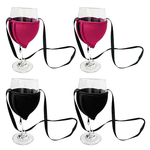4 Pcs Weinglashalter zum Umhängen Tragbar Weinhalter Weinglas Halterung zum Umhängen mit Reißverschluss Stoff Weich Hautfreundlich für Weihnachten Weinfest Hochzeit Geburtstag (Schwarz/Rosenrot)
