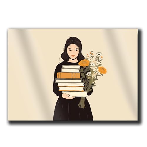 An Image Of A Woman Holding Books And A Pen, In The Style Of Made Of Flowers, Minimalist Illustrator, Cottagepunk, Minimalistic Drawings, Grocery Art, Animated Gifs, Wall Art
