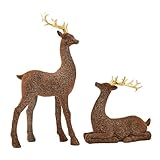DN DECONATION Christmas Decorations Reindeer Figurines, Deer Decor Statues with Gold Antlers, 2PCS Flocked Brown Reindeer Xmas, Decorations for Christmas Village Table Top Mantle Winter Room Decor