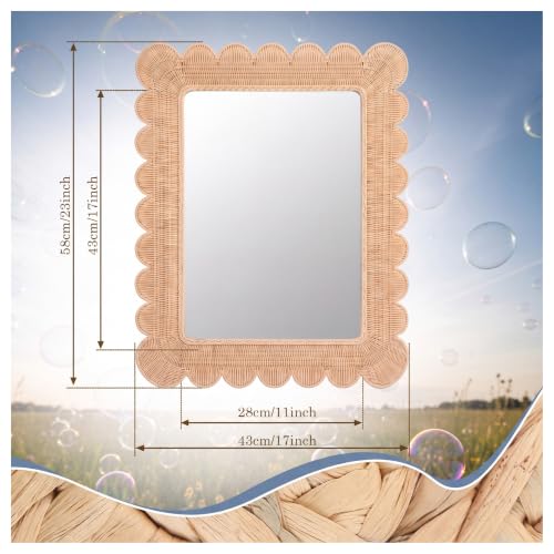 Image of Small Scalloped Rattan Wall Mirror 23 inch x 17 inch Decorative Mirror | Decorative Natural Rattan Wall Wavy Mirror, with Handwoven Frame, for Bathroom, Living Room, Entryway Decor