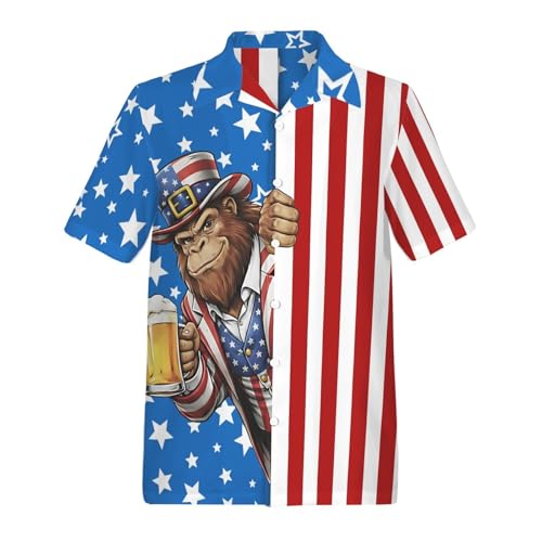 HUGLAZY Funny Bigfoot 4th of July Outfit for Men 250 Anniversary Shirt Button Up Sasquatch Beer American Flag US Patriotic L