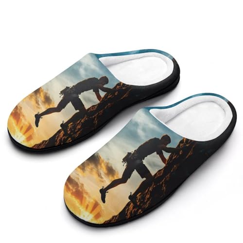 Man Climbing on Rock Mountain Sunset Womens Cotton Slippers Warm House Shoes for Indoor Outdoor