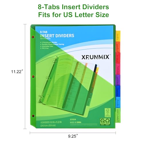 8-Tab Binder Dividers - Index Pockets Divider for 3 Ring Binders, 3-Hole Plastics Sheets Protectors for US Letter Size in 0.5\'\', 1\'\', 2\'\', 3 inch Binders, 8 Colors (XY004) (1 Pack) - Thumbnail 2