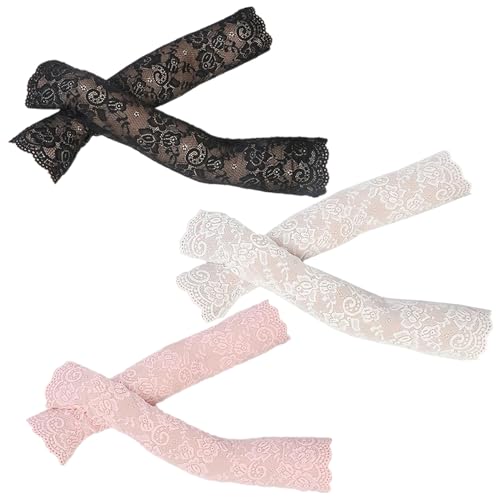 POPETPOP Maniche Elastiche in Pizzo Estive con Protezione UV per Donna Manicotti Lunghi Raffreddanti per Braccio per Ciclismo Guanti Senza Dita Nero Bianco e Rosa Pesca