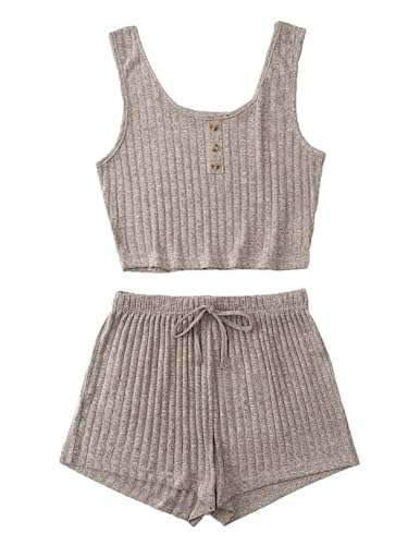 Image of SOLY HUX Women's Button Front Ribbed Knit Tank Top and Shorts Pajama Set Sleepwear Lounge Sets