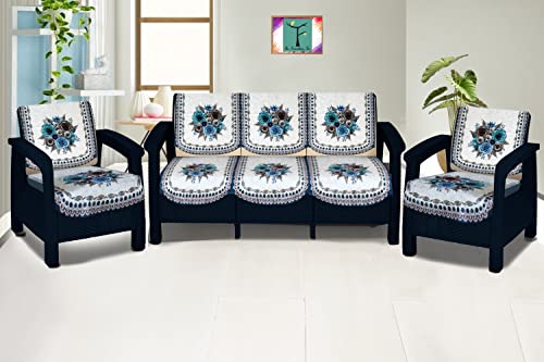 Image of The Furnishing Tree Velvet Floral Pattern 10 Pieces 5 Seater Sofa Cover Set Blue