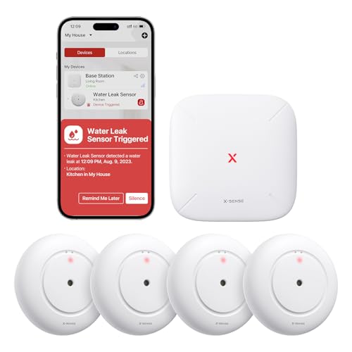 X-Sense Detector de agua inteligente, sensor de agua WiFi, sensor de inundación compacto con volumen ajustable de hasta 110 dB y alcance de 500 m, para cocinas, sótanos y baños, SWS55