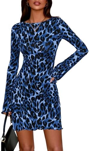 dowerme Women's Sexy Leopard Print Mini Dresses Fall Boat Neck Bell Long Sleeve Knit Short Club Dress Y2K Clothes 2025