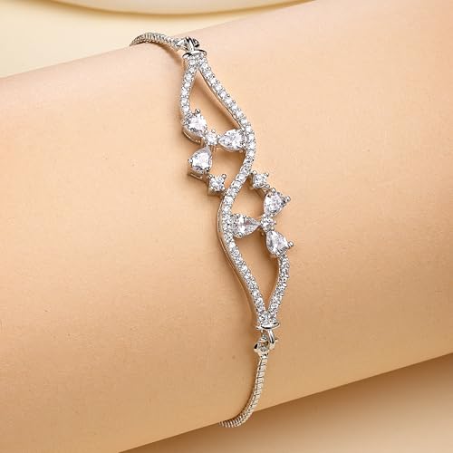 Image of ZENEME Rhodium-Plated Silver-toned Cuff Bracelet for Women & Girls Swirl Cuff Bangle with Crystal Stone Detailing Jewellery Bracelets for Womens