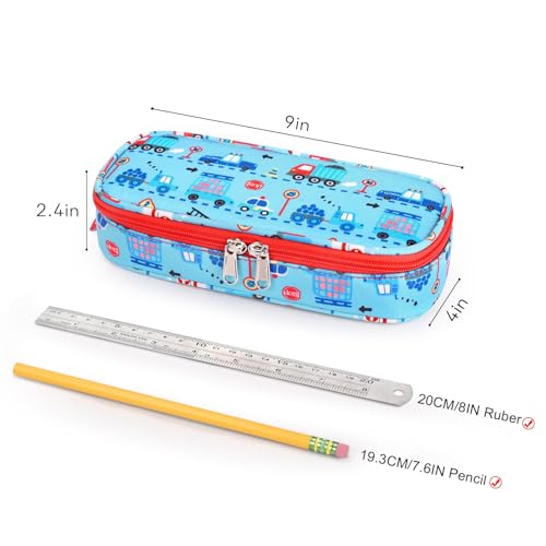 Image of mibasies Boys Pencil Case for Kids, Multi-Slot Pencil Pouch, Car Blue