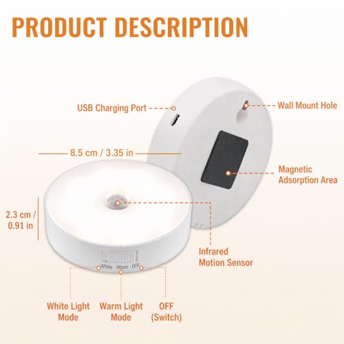 2-Pack Motion Sensor Night Light Plug In USB Rechargeable, Stepless Dimmable, Warm White to Cool White, 120° Wide Angle Detection for Hallway, Bedroom, Bathroom, LED (2, Switch or Motion Sensor) - Image 3