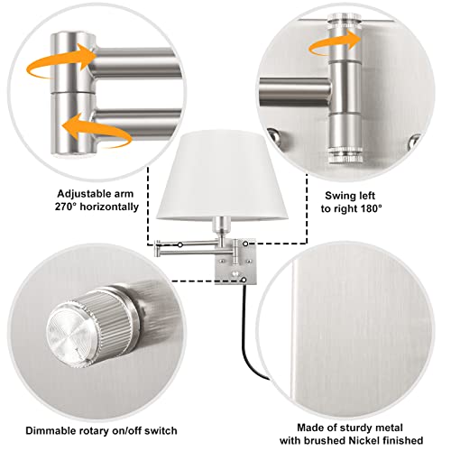 Image of TRLIFE Dimmable Wall Sconce Plug in, Brushed Nickel Wall Sconces Set of Two Swing Arm Wall Lights with Plug in Cord and On /Off Dimmer Rotary Switch, 11.8 inch Large White Fabric Shade(2 Pack, 2 Bulbs)
