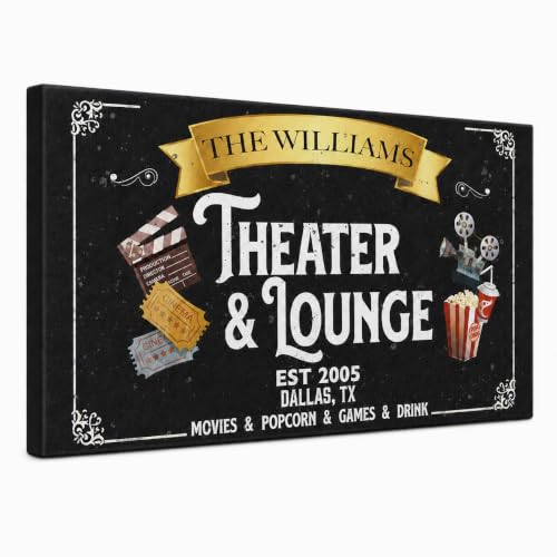 aydan's unique finds Rustic Home Theater Canvas Wall Art, Personalized Movie Room Canvas Print, Custom Vintage Cinema Sign