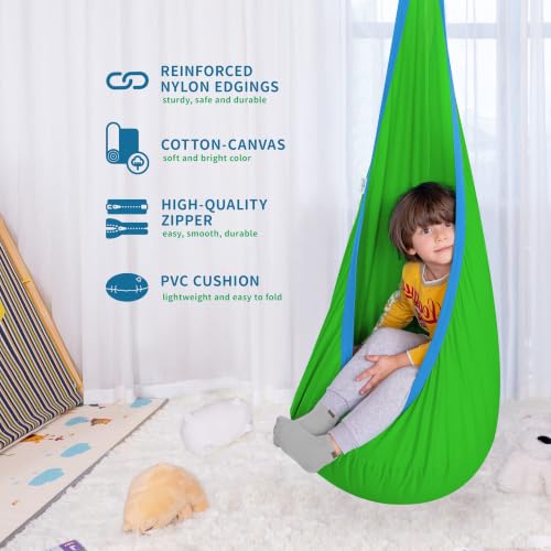 Image of OUTREE Kids Pod Swing Seat, Cotton Child Hammock Swing Chair, Sensory Swing for Indoor and Outdoor Use, Green and Blue