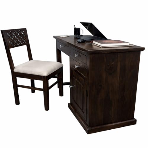 Image of Sheesham Wood Study Table for Bedroom 2 Drawer,1 Storage Cabinet with Keyboard Trey with Flora Chair with Matte Finished (Dark Walnut)