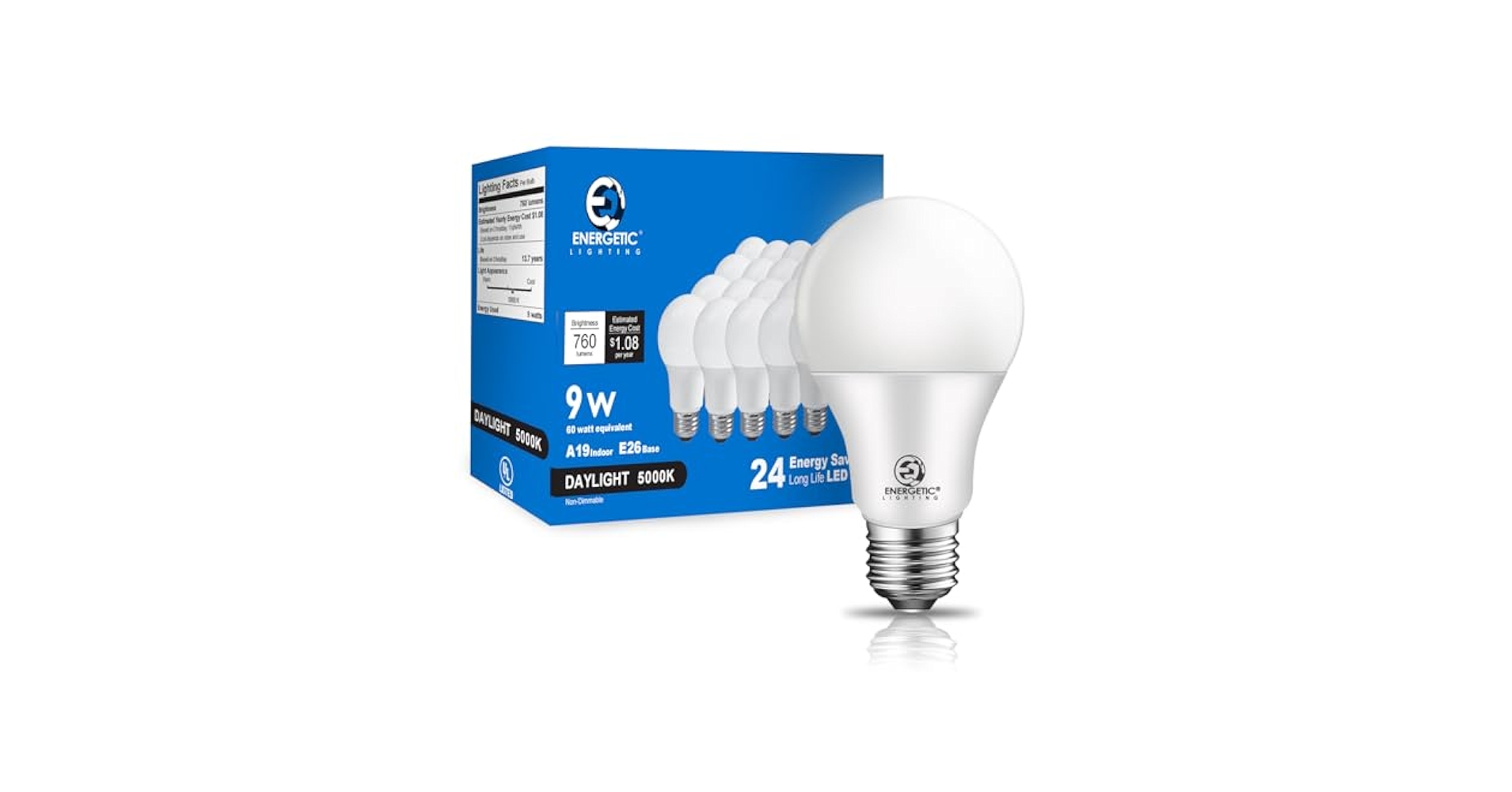 Energetic Light Bulbs 60 Watt Equivalent, A19 Daylight LED