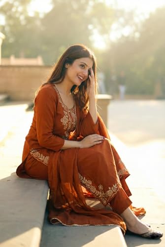 Image of ANNI Designer Women's Rayon Viscose Embroidered Straight Kurta with Pant & Dupatta | Ethnic Kurta Set for Festive, Casual & Office