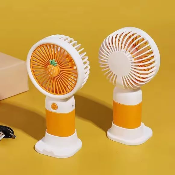 Image of Rangoli Portable USB Rechargeable Hand Fan - Lightweight & Stylish Multicolour Mini Fan for Indoor & Outdoor Use, 3-Speed Adjustable, Desk & Travel Friendly - Battery Operated (Orange)