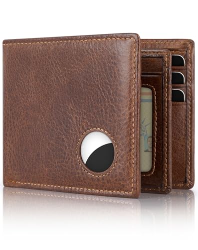 Image of Swallowmall AirTag Wallet Mens RFID Blocking Genuine Leather Bifold Men's Wallet For air tag with 1 ID Window 13 Card Holders CoffeeBrown(Airtag Not included)