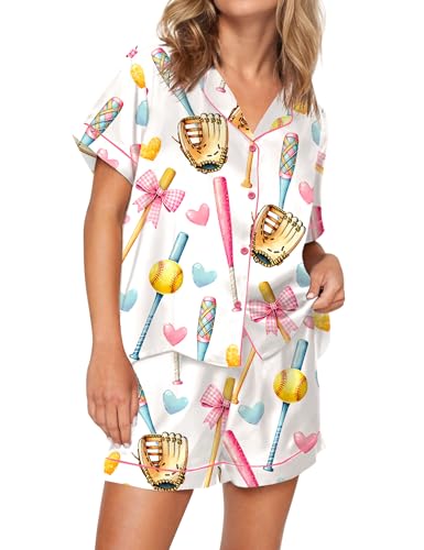 Image of SHESHOW Pajamas for Women Set Satin Button Down Short Sleeve Top and Shorts Pjs Sets Sport Ball Print Sleepwear XS-XXL