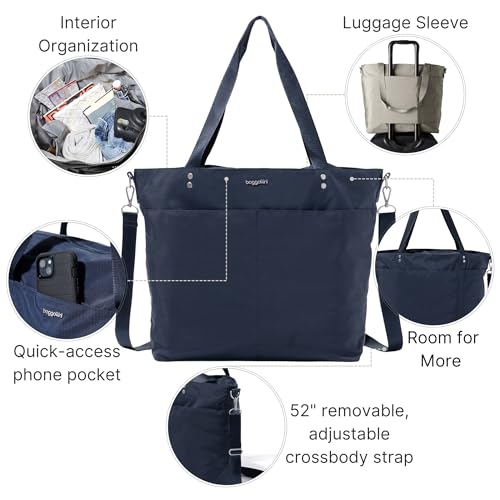 Image of Baggallini Carryall Tote - Lightweight Nylon Zipper Top Weekender Travel Beach Bag w /Luggage Sleeve