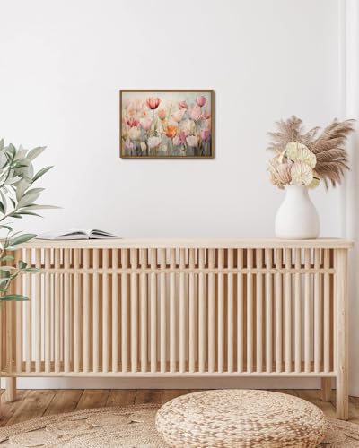 Image of KISSFOX Vintage Framed Wall Art Decor Rustic Blush Tulips Flowers Pictures Wall Decor Colorful Botanical Canvas Art Prints Farmhouse Still Life Paintings Artwork For Bedroom Kitchen Living Room