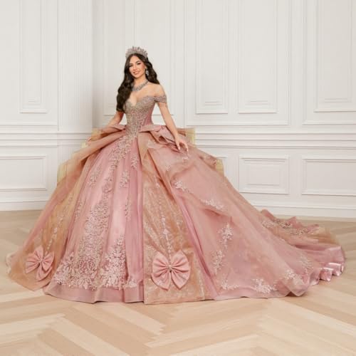 XYAYE Glitter Tulle Quinceanera Dresses with Bow Gold Lace Off Shoulder Sweet 16 Dresses Puffy Beaded Layered 15 Dresses2